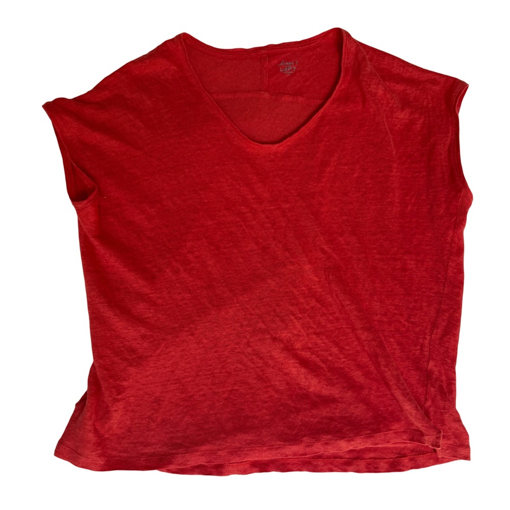 Ann Taylor LOFT Linen T Red V-Neck Cap Sleeve Slub Knit Top M Orange Travel